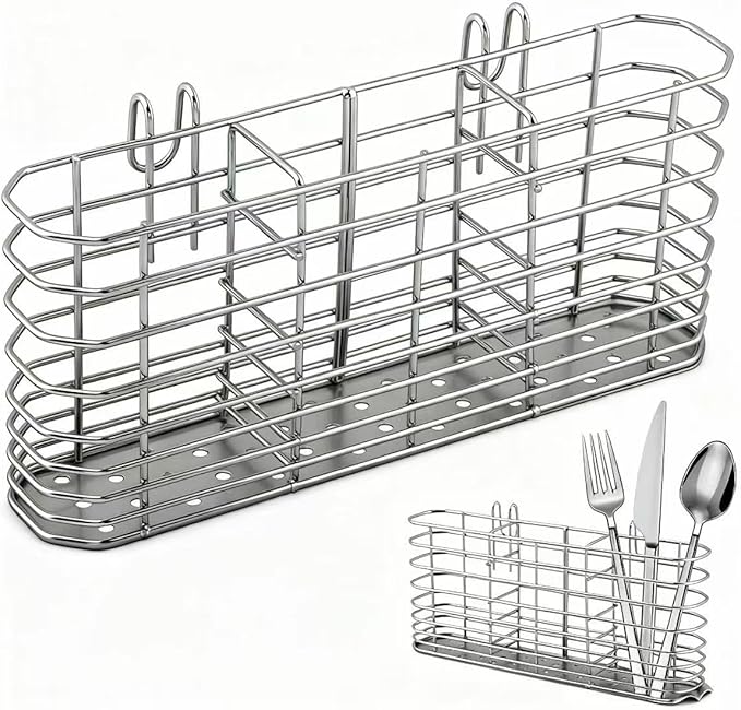 304 Stainless Steel Utensil Holder, Dish Drying Rack with Hooks, Utensil Holder for Sink, Knife and Fork Drainer Basket, Kitchen Drainage Basket Accessories(Sliver,Size:7.9inch)