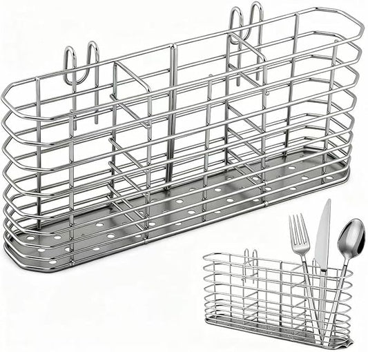304 Stainless Steel Utensil Holder, Dish Drying Rack with Hooks, Utensil Holder for Sink, Knife and Fork Drainer Basket, Kitchen Drainage Basket Accessories(Sliver,Size:7.9inch)