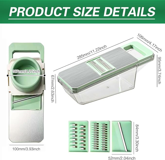 6 in 1 Mandoline Slicer, Hand Guard Vegetable Chopper Cutter with Container & Lid, 3 Replaceable Blades Multifunctional Veggie Dicer Slicer for Onion Potato Carrot, Kitchen Food Prep Gadget - Green