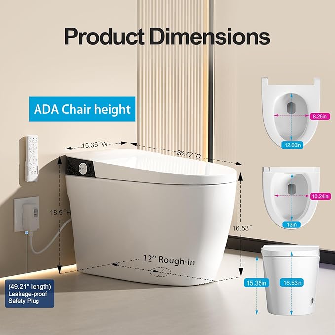 Smart Toilet with Bidet Built In, Modern Tankless Bidet Toilet with Auto Open/Close, Self-cleaning, Instant Warm Water&Dry, Heated Seat, One-Piece Toilet with Night Light, Auto Flush
