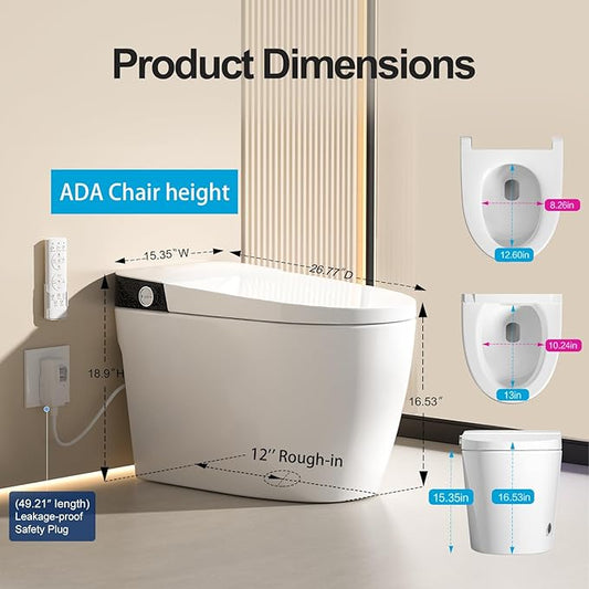 Smart Toilet with Bidet Built In, Modern Tankless Bidet Toilet with Auto Open/Close, Self-cleaning, Instant Warm Water&Dry, Heated Seat, One-Piece Toilet with Night Light, Auto Flush