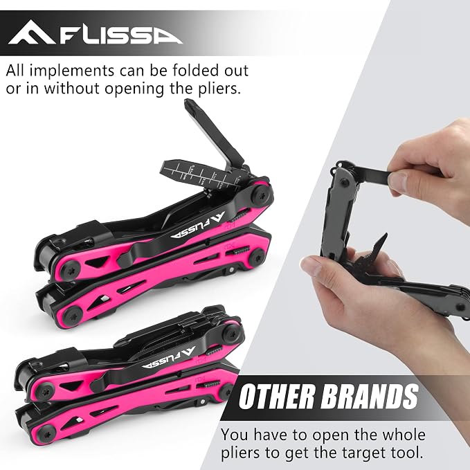 FLISSA 16-In-1 Multi-Tool Pliers, EDC Multitool, Multipurpose Tool, Pink | Gift for Men, Stainless Steel, Pocket Knife, Belt Clip, Oxford Pouch, Safety Locking, For Camping, Survival & Outdoor