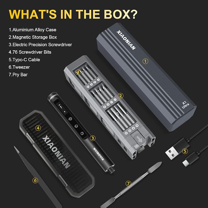 3.7V Precision Electric Screwdriver Set,76 IN 1 Mini Electric Screwdriver Cordless Set with USB Charging,5 Torque Settings Repair Tool Kit for Electronics Phone Camera Laptop Watch