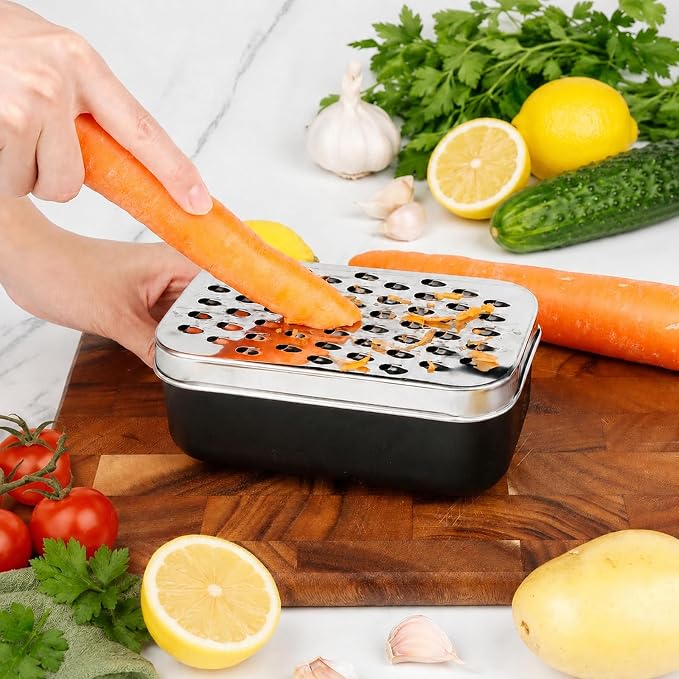 Cheese Grater with Storage Container, Box Grater Stainless Steel for Vegetables, Cheese Shredder 2 Sharp Blades for Fine & Coarse, Non-Slip Base, Lemon Zester, Includes Cleaning Brush (Black)