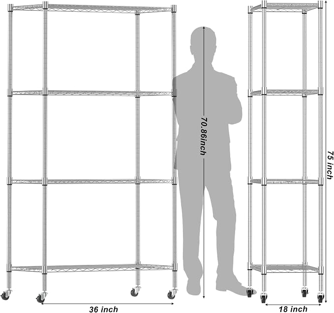 Homdox Heavy Duty 4-Tier Metal Shelving Unit with Adjustable Shelves, Rolling Storage Rack for Kitchen, Garage, Pantry, 36.02"x17.91"x74.41", Silver