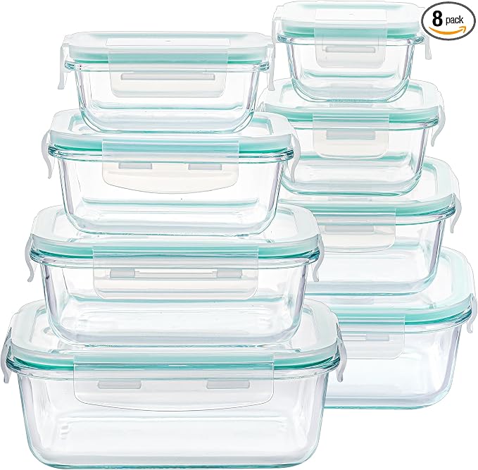 Vtopmart 8 Pack Glass Food Storage Containers with Airtight Lids, Glass Meal Prep Containers, Lunch Office Meal for Microwave, Oven, Freezer and Dishwasher, BPA Free