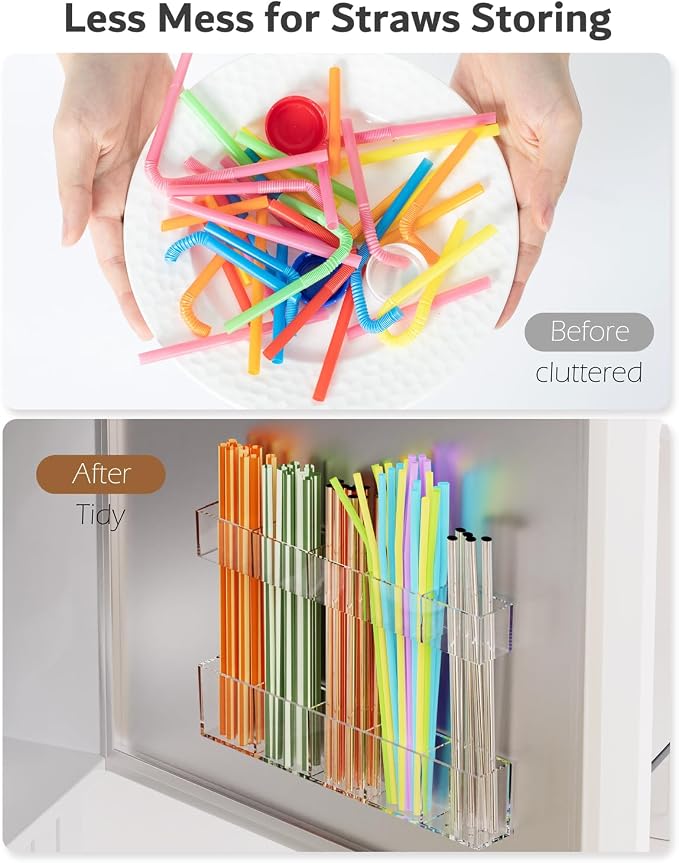 Magnetic Acrylic Straw Holder for Fridge - 5 Slot Sturdy Kitchen Organizer, Adhesive-Free Refrigerator Storage for Metal, Glass, Silicone Straws & Utensils (Separate unit Clear-Magnetic Type-5C)