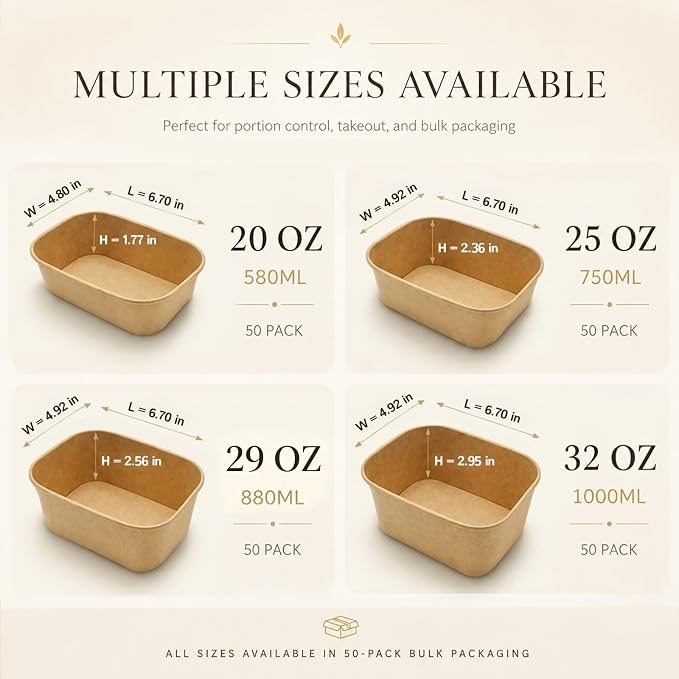 Kaderron 50 Pack 25 OZ Large Paper Bowls with Lids, Heavy Duty Disposable Compostable Container for Party, Disposable Bowls Bulk Soak-Proof and Microwave Safe for Hot/Cold Use
