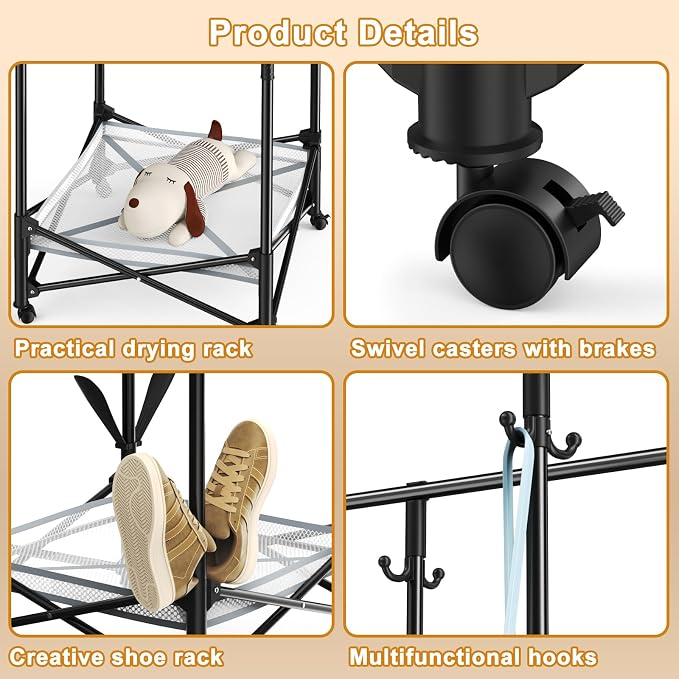 Portable Foldable Clothes Drying Rack - Adjustable Double Extendable Rods (33.1” to 56.7”) -Portable Coat Rack for Travel, Camping, Drying, RV, Indoor, Outdoor, Easy Assemble (Black)