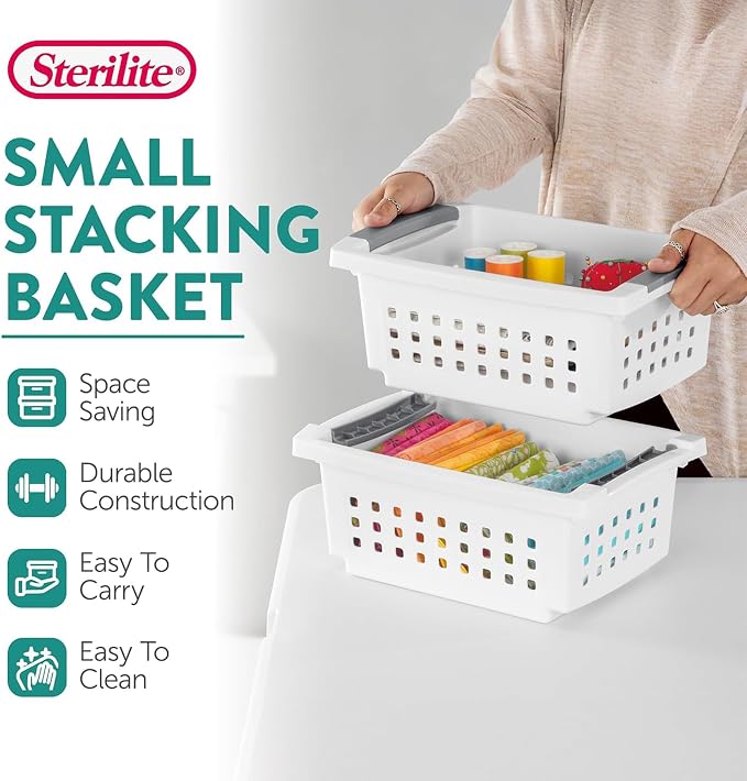 Sterilite 16 Pack Small Stacking Basket, Open Top Storage Bin with Handles, White - Ideal for Home Closets, Kitchens, or Office Organization