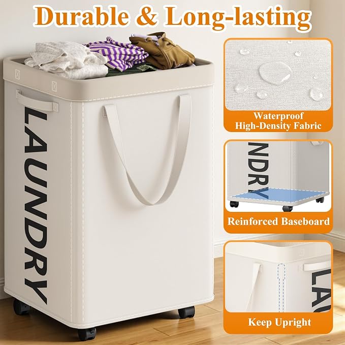 Optish 140L Laundry Hamper with Wheels, Rolling Laundry Basket with Removable Mesh Bag, Extra Large Clothes Hamper on Wheel for Bedroom, Bathroom, Dorm Room Essentials, White