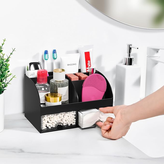 VITVITI Toothbrush Holders for Bathrooms Countertop, 5 Slots Toothpaste Bathroom Counter Sink Organizer with Drawers, Plastic Bathroom Organizer for Vanity/Makeup/Office Black