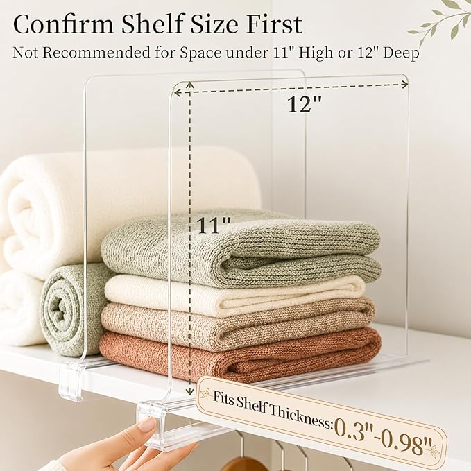 SortNStore Shelf Dividers Purse Organizer for Closet: 11-inch Tall(Extra Tall) Acrylic Sweater Organizer - Upgraded Extra Height for Large Handbags, Totes, Clothes, Towels on Wood Shelves 10-Pack