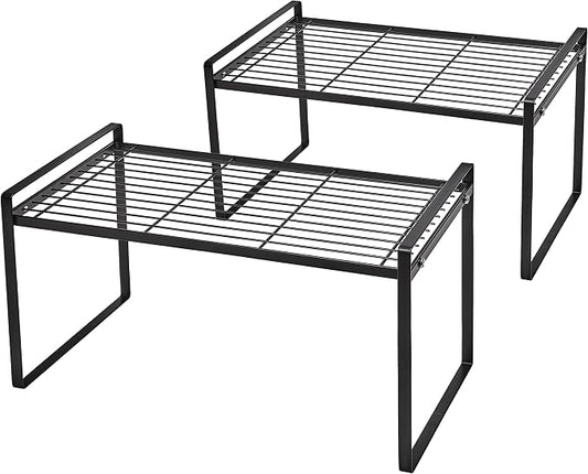 Shantton 2Pack Cabinet Shelf Organizer Storage Rack Space Saving for Kitchen Counter Pantry Bathroom Cupboard Under Sink Office Table Steel Stackable Rust Resistant Heavy Duty Nonslip 16” Black - Tall