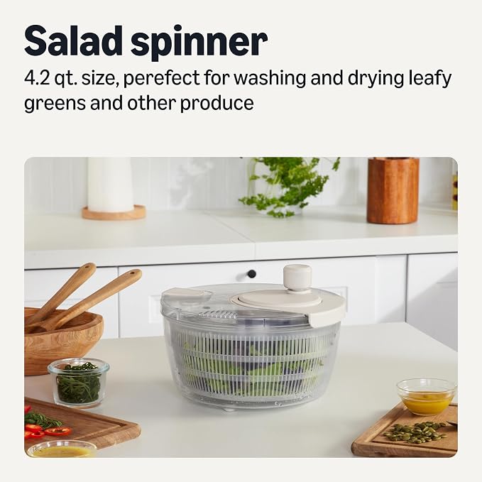 Amazon Basics Salad Spinner with Non-Skid Base and Spin Knob, Removable Basket Colander, 4.2 qt., BPA-Free, Linen Gray