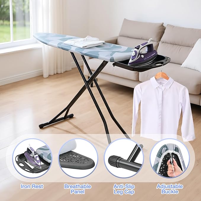 APEXCHASER Foldable Ironing Board Full Size, Iron Board with Heat Resistant Cover, Iron and Ironing Boards Set with 7-Lever Height Adjustable, Iron Table Stand with Non-Slip Metal Legs 14x54,Blue