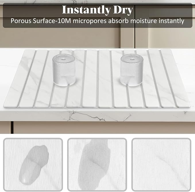 2 PCS Extra Large Stone Dish Drying Mat for Kitchen Counter, Foldable Quick Drying Dish Mats, Super Absorbent Drying Pad, Kitchen Counter Mats for Cups, Dishes, Bottles (White Marble 28"×16" & 8"x4")