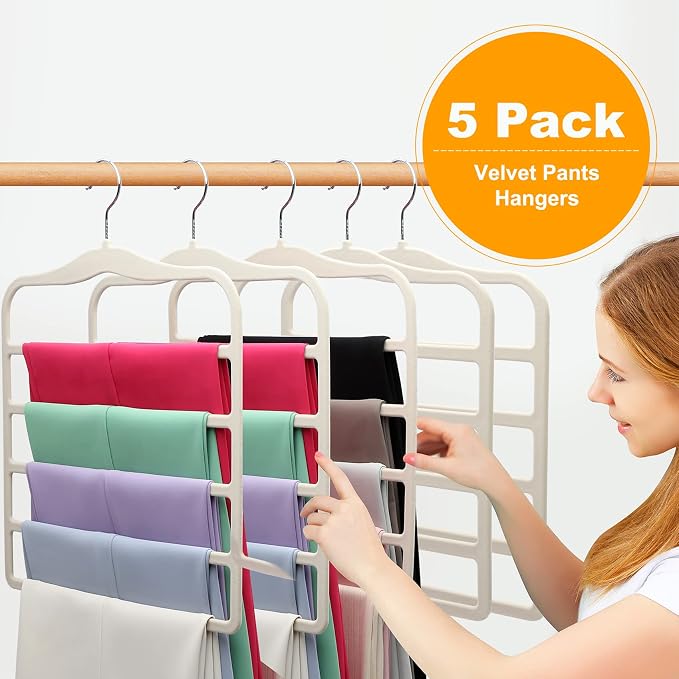Closet Organizers and Storage, 5 Pack Velvet Pants-Hangers-Space-Saving | Non Silp 5 Tier Clothes-Hanger for College-Dorm-Room-Essentials, Closet-Storager for Jeans Scarf Hanger, Home Organization