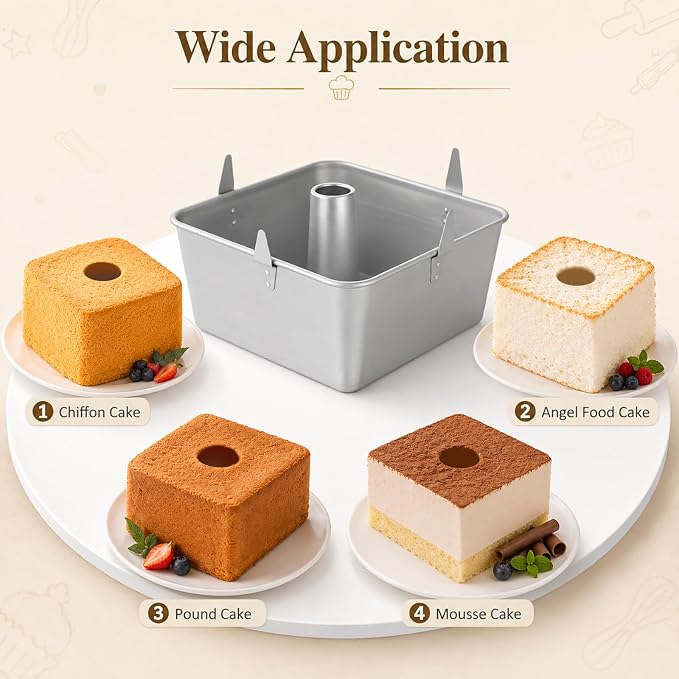 Square Tube Cake Pan, 10 Inch Aluminum Baking Mold with Removable Bottom & Cooling Feet & Silicone Spatulas, Anodized Chiffon and Angel Food Cake Pan for Even Heat Distribution and Easy Release