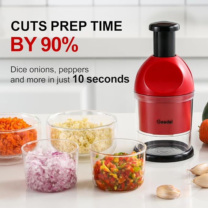 Geedel Food Chopper, Easy to Clean Manual Hand Vegetable Chopper, Dishwasher Safe Slap Onion Cutter for Veggies Onions Garlic Nuts Salads Red
