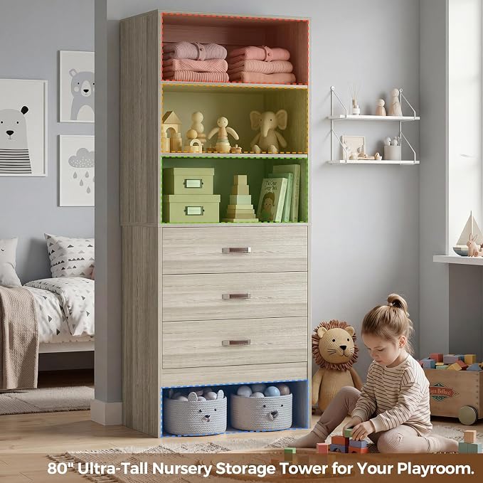 Armocity Freestanding 2FT Closet System with Leather Handles, 24" Walk-in Closets Storage Unit with Cabinet, Wood Wardrobe Closet Organizer and Storage with 3 Drawers for Small Space, White Oak