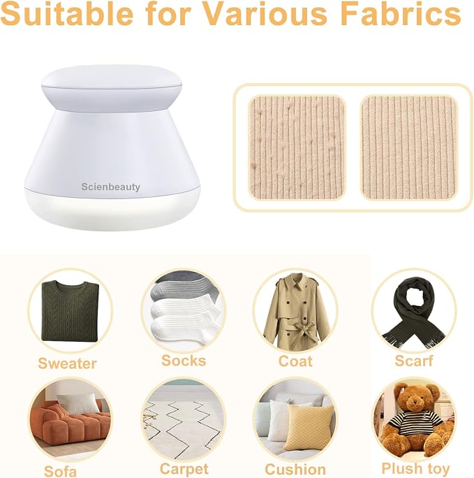 Scienbeauty Fabric Shaver Fuzz Remover Rechargeable, Electric Lint Remover with Light, Sweater Shaver with Stainless Steel 6-Blades, Dual Protection for Fuzz, Lint, Pills, Bobbles Removing