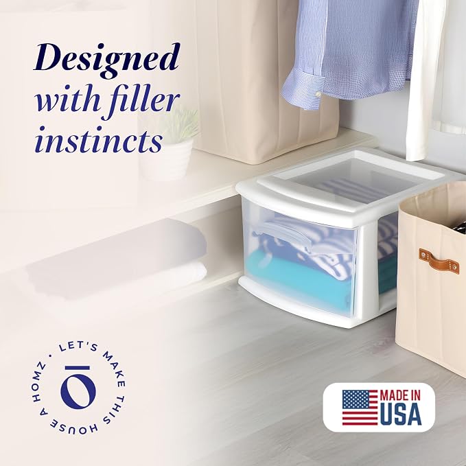 HOMZ 1 Drawer Storage Cart, Medium Plastic Container, White Frame, 2 Pack | 14.25" Wide Medium Tote with 1 Clear Drawer for Organizing Bathrooms, Bedrooms, Home Offices, Closets, and Dorm Rooms