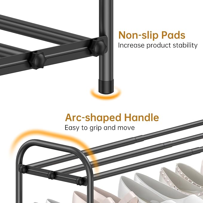 Hleelomi 3-Tier Expandable Shoe Rack for Entryway，Adjustable Metal Shoe Organizer for Closet,Living Room,Dorm,Black