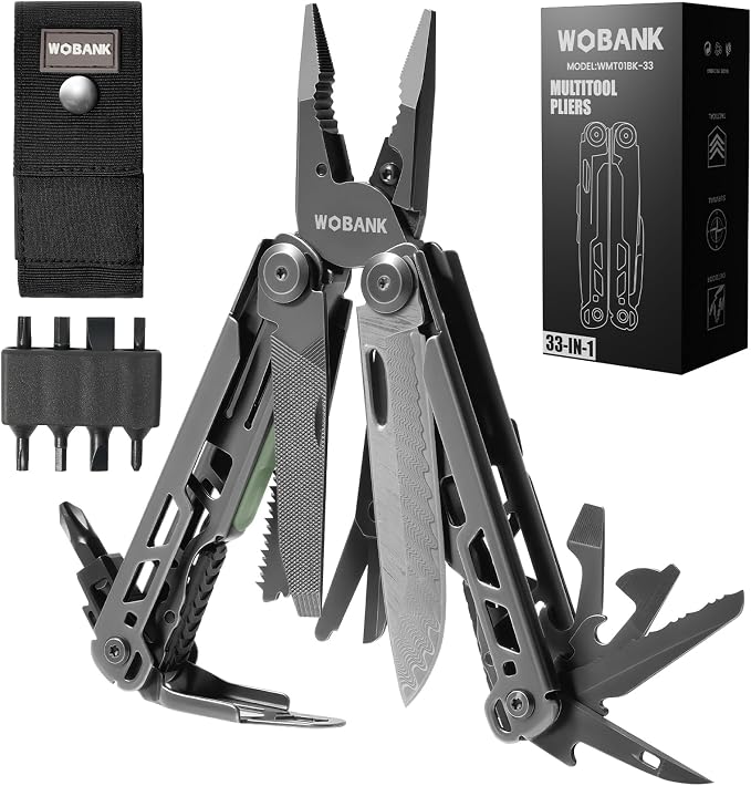 33-in-1 Multitool Pliers, Full-size, EDC Knife, Stainless Steel | Scissors, Damascus Pocket Knife, Nylon Sheath, Adjustable Hex Wrench, Survival, Camping, Hiking, Repair, Gift for Men Dad