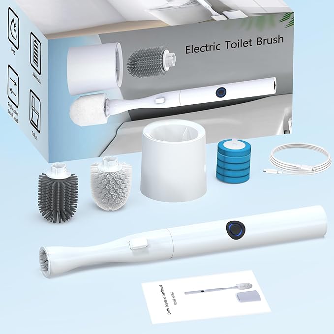 Miadore Electric Toilet Brush with Holder, Hands-Free Auto-Clamp Toilet Scrubber with 3 Replacement Heads (Silicone/Nylon/Disposable) and Gap Brush, Compact Bathroom Cleaning Set for RV
