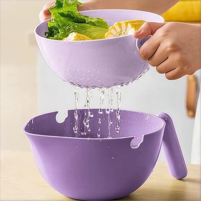 2-1 Kitchen Colander Rotating Washing Basket with Handle -home & kitchen Food Strainers and Colanders-Pasta Strainer-fruit and vegetable washing bowl-kitchen must haves (Lilac Purple)