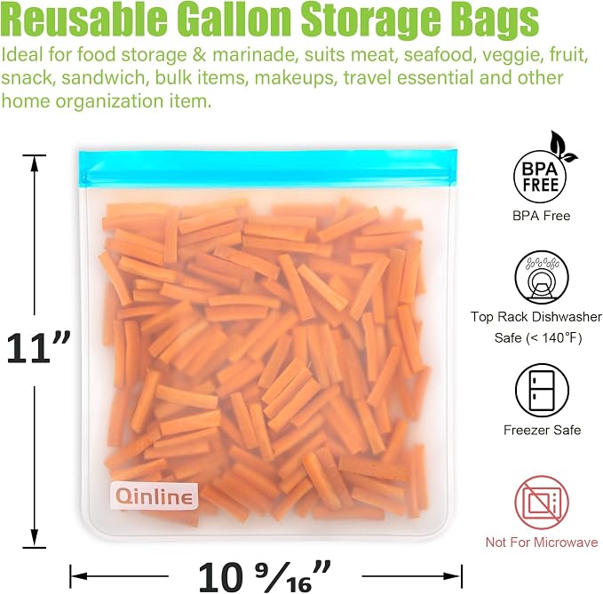 Reusable Gallon Food Storage Bags - 10 Pack Extra Thick Gallon Freezer Leakproof Plastic Free Lunch Bag