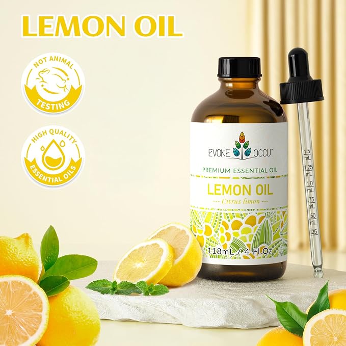EVOKE OCCU Lemon Essential Oil for Cleansing Skin Home Diffuser Massage | DIY Cleaning Spray, Suitable for Cleaning Kitchen Countertops, Dishes, and Cookware, and for Freshening up – 118mL / 4 fl oz