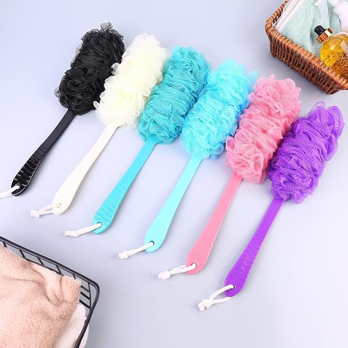 Back Scrubber Brush Long Handle for Shower, Loofah On a Stick Sponge Back Brush, Body Exfoliator Scrubber Bath Brush for Men Women, Exfoliating Cleaning Back Scrubber (2 Pack-Green+Purple)
