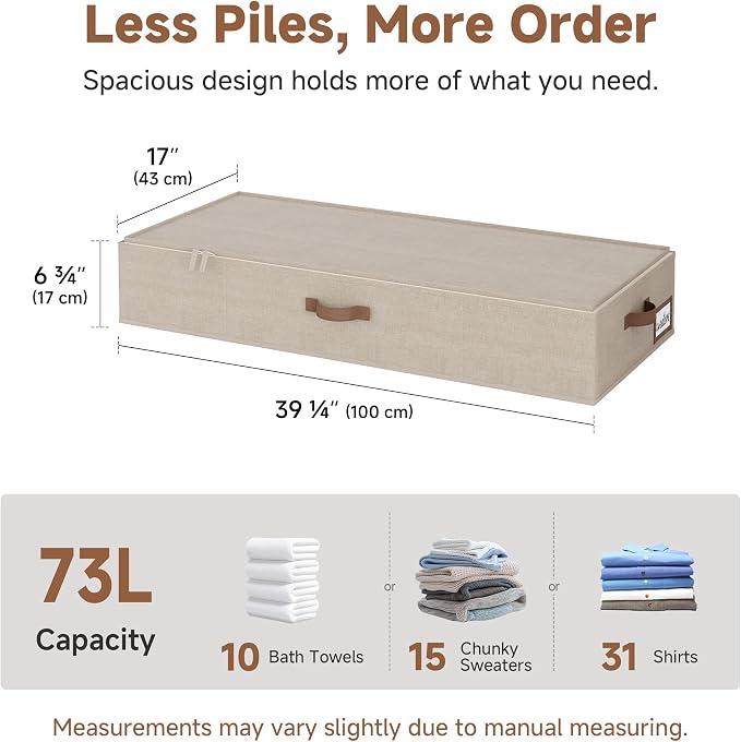 StorageWorks Underbed Storage Containers with Lids, 2-Pack 6.75" Low Profile Under Bed Organizers for Clothes, Bedding and Sweaters, 73L Large Fabric Storage Bins, Foldable Space Saving, Taupe