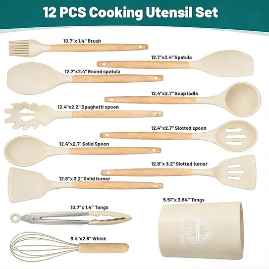 Silicone Cooking Utensil Set,12 PCS Cooking Kitchen Utensils Set, Nonstick Kitchen Utensils 446°F Heat-Resistant Cookware Kitchen Tools of Spoon,Brush,Whisk,Spatula,Turner Tongs (Khaki)