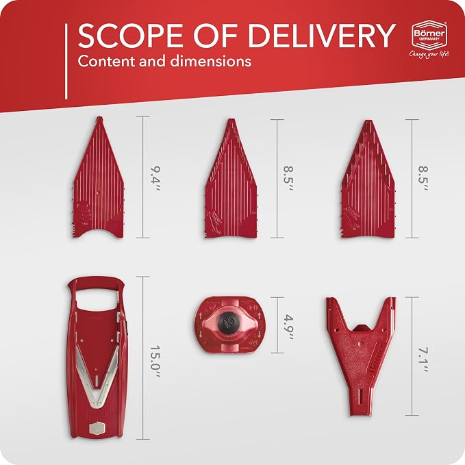 Börner Mandoline Slicer V5 (Starter Set) • Vegetable V-Slicer for Slices, Sticks & Dices in Various Sizes • With Stainless Steel V-Blade • Adjustable Kitchen Slicer • Color: Red