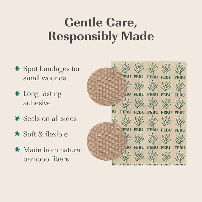 FEBU PFAS Free Bamboo Fabric Bandages, 50 Count Spot | Eco-Friendly, Flexible Fabric, Fully Compostable, Latex Free