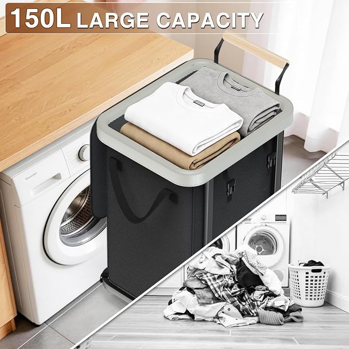 Laundry Hamper with Lid,150L Rolling Laundry Basket with Wheels & Handle | Leather Patchwor Dirty Clothes Hamper,Laundry Basket Organizer for Bedroom Aesthetic,Laundry Room,Dorm - Black Gray