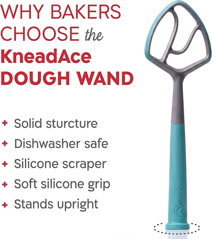 KneadAce Dough Wand, Danish Dough Whisk for Sourdough Baking, Dough Mixer with Silicone Scraping Edges, Self Standing Bowl Mixing Tool (Gray/Turquoise)