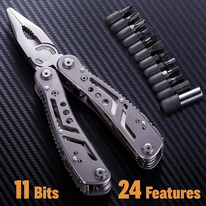 24-in-1 Multitool with Knife, Pliers & 11 Magnetic Bits - Black Stainless Steel Multi Tool for Camping, Hiking, EDC - Gift for Men 2238B