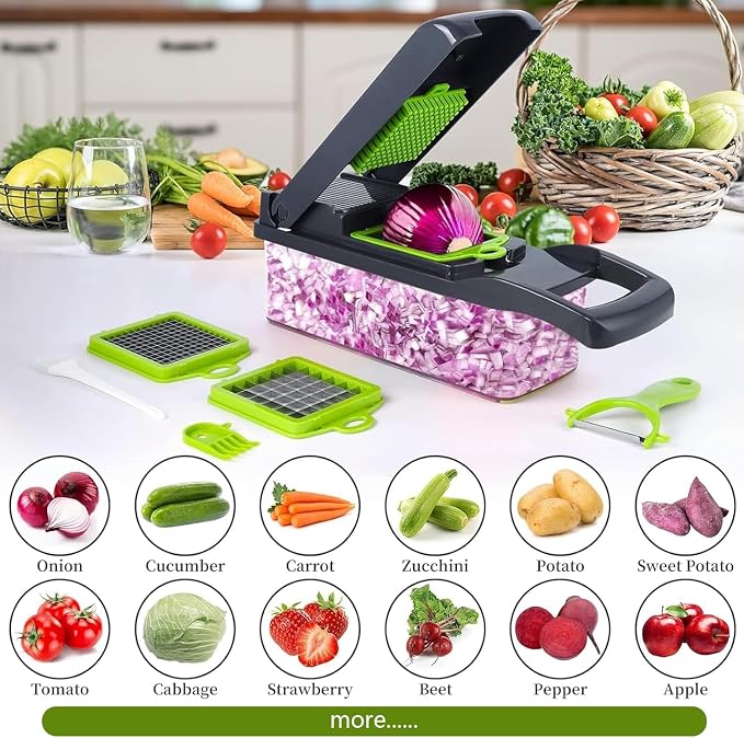 15 in 1 Vegetable Chopper- Food Chopper Onions Vegetable Slicer Dicer, Veggie, Cheese Grate Cutter with 7 Blades for Carrot Salad Garlic Potato slicer with Large Container Mandoline Kitchen Gadgets