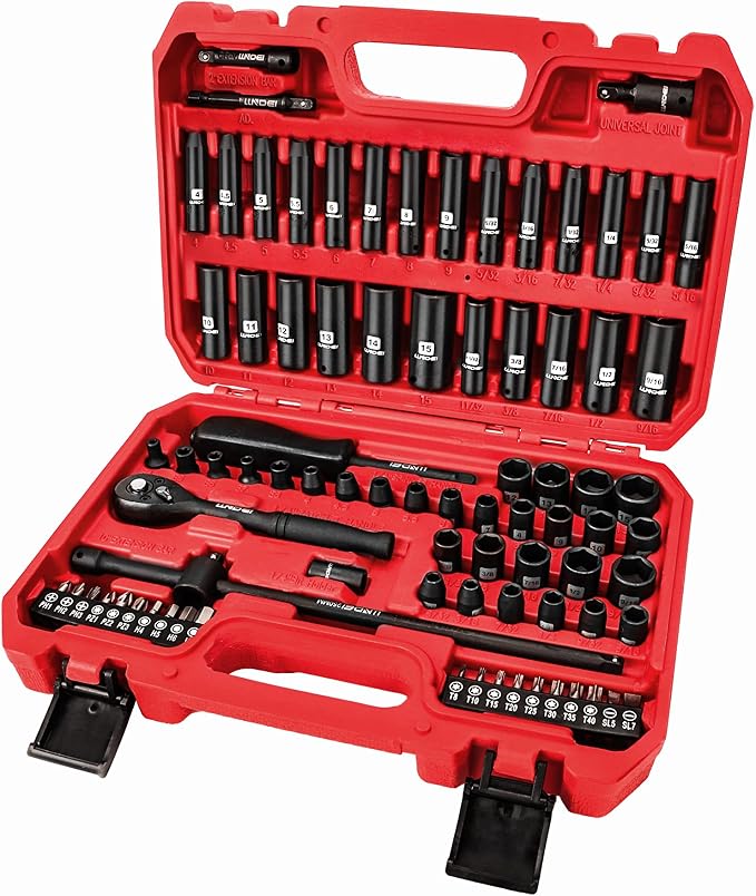 1/4" Impact Socket Set 83 Pieces, SAE(5/32-9/16 in) Metric (4-15mm) | 72T Ratchet Wrench Handle,CR-V Mechanics Tool Set with Adapter, Screwdriver Bits for Automotive Repair
