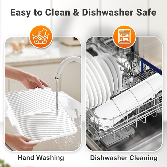 Silicone Dish Drying Mat for Kitchen counter, 15.8"x13" 2Pcs Extra Large Non-Slip Drain Pad with Built-in Drainage, Heat Resistant Dishwasher Safe, Ivory