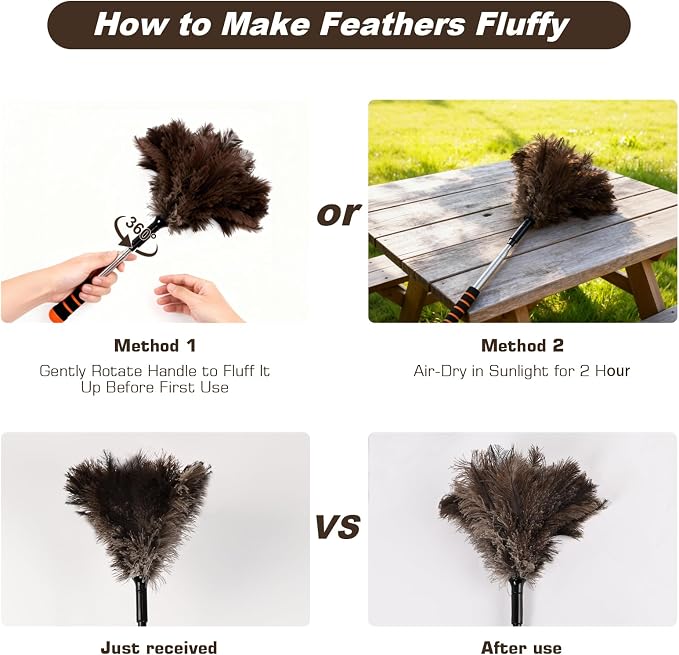 Extendable Ostrich Feather Duster 26-55 Inch, Natural Cleaning Duster with Sponge Grip and Stainless Steel Extension Pole Reusable for High Ceilings, Fans, Blinds, Furniture, Interior & Roof Dusting.