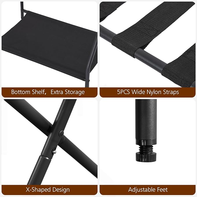 AMHANCIBLE Luggage Rack, Set of 2, Foldable Suitcase Stands for Guest Room | Metal Luggage Holder with Storage Shelf for Bedroom, Hotel, Easy Assemble, Black