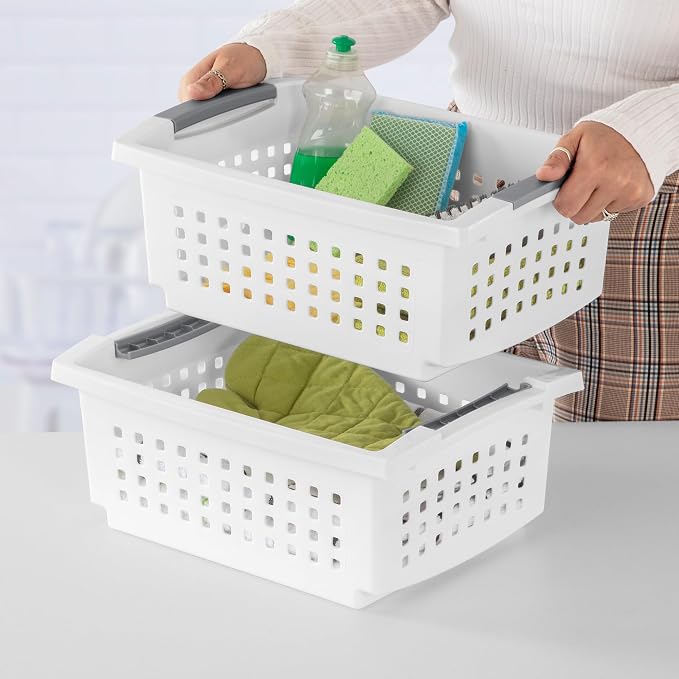 Sterilite 16 Pack Medium Stacking Basket, Open Top Storage Bin with Handles, White - Ideal for Home Closets, Kitchens, or Office Organization