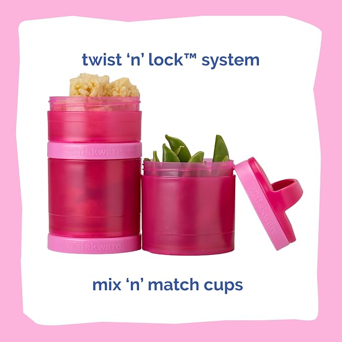 Whiskware Stackable Snack Containers for Kids and Toddlers, 3 Stackable Snack Cups for School and Travel, Pink