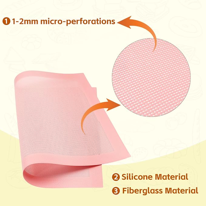 15.7"x11.8" Perforated Baking Mats, Non-Stick Hollow Out Silicone Mat, Reusable Oven Liner for Half Sheet Pan, Making Bread/Pizza/Macaron/Pastry/Cookie (2 Pcs, Pink)