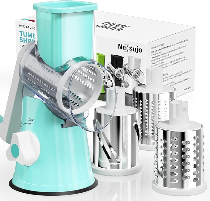 Cheese Grater Hand Crank, Rotary Cheese Shredder with 3 Interchangeable Blades for Coarse, Fine Shredding and Slicing, Strong Suction Base for Pizza, Pasta, Salad, Vegetables, Nuts, Chocolate